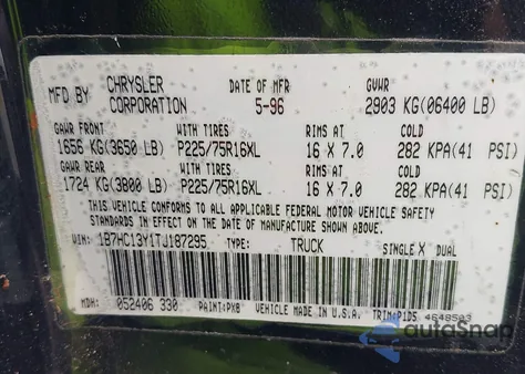 1996 Dodge Ram 1500 из США, поврежденный, VIN 1B7HC13Y1TJ187295